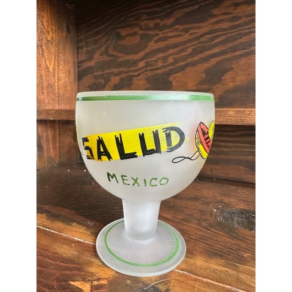 Vintage‎ Salud Mexico Hand Painted Frosted Glass Margarita Goblet Desert Scene